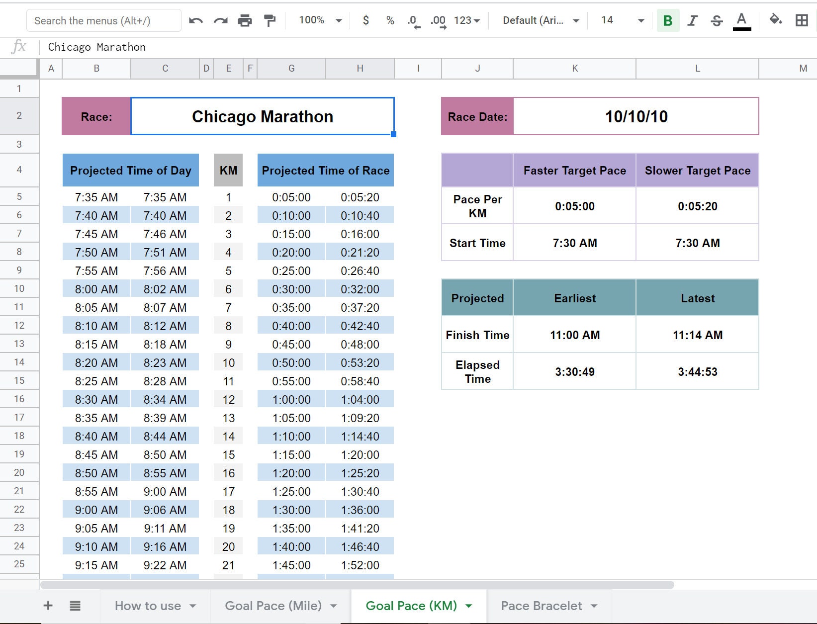 Printable Marathon Pace Bracelet and Mile Marker & Finish Times ...