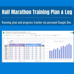 Half Marathon Training Plan Spreadsheet - 13.1 Running Log - Distances in Miles and KM - Google Doc Excel Digital Download for Runners