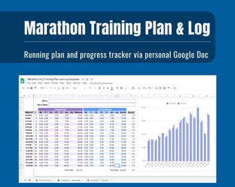 Marathon Training Plan & Spreadsheet - 26.2 Running Log - Google Doc Excel Digital Download for Runners - Miles and Kilometers KM