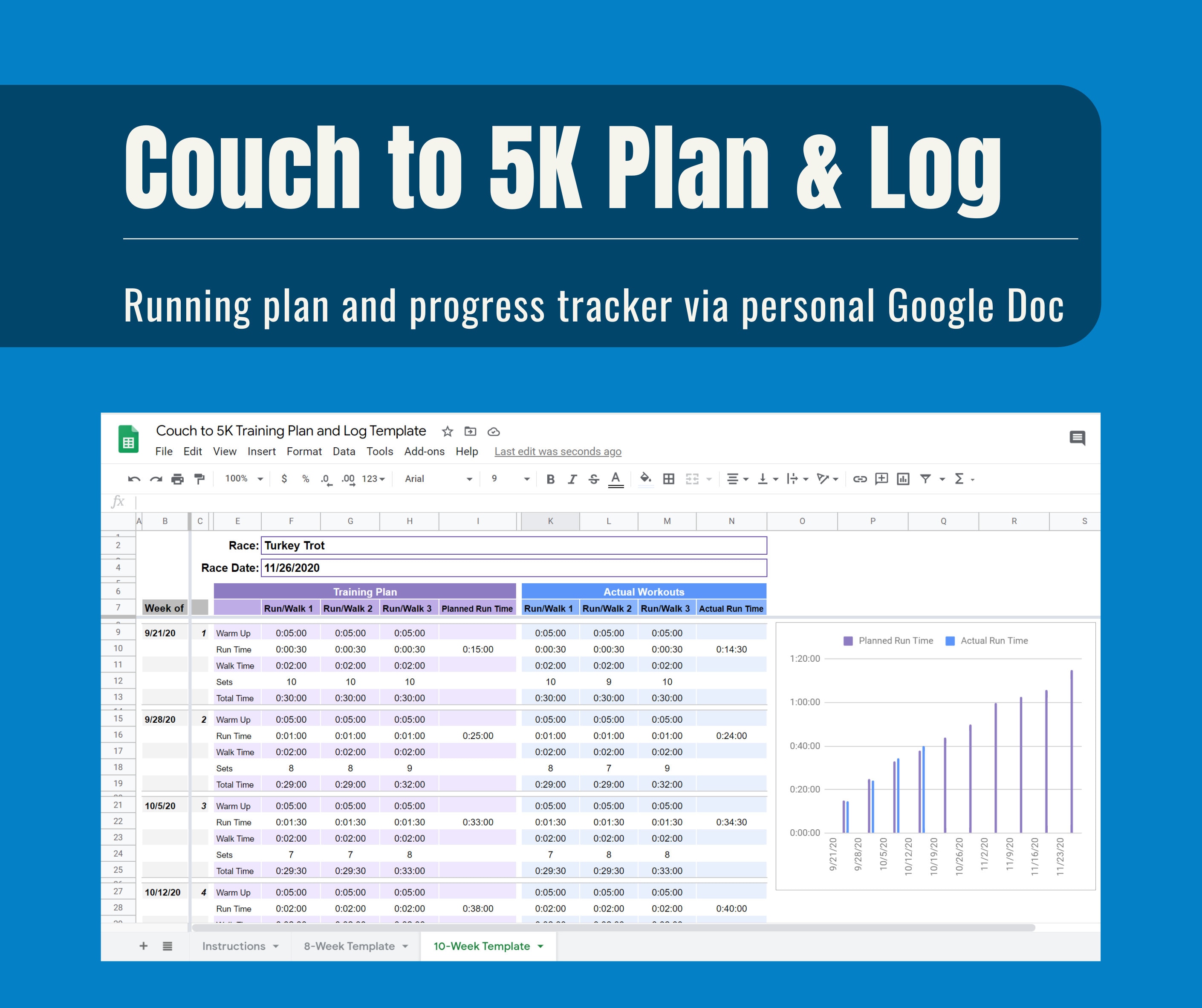 Couch to 5K Beginner Running Plan Spreadsheet Digital Training Log - Google Doc Excel Download for Beginning Runners