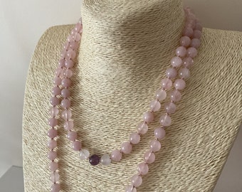 Rose Quartz Phantom Quartz (Super 7) and White Jade long hand knotted necklace (108) beads