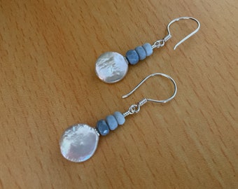 Freshwater coin pearl and blue Pigeon Opal Sterling silver gemstone drop earrings