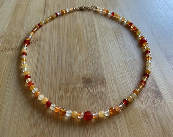 Natural Carnelian and mixed gemstone gold filled (GF) dainty choker style necklace (4-5mm) bead size