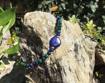 Lapis Lazuli and Azurite Sterling silver dainty elastic bracelet