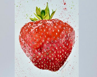 Juicy Strawberry Original Watercolor Painting, Fruit Art Kitchen Decor