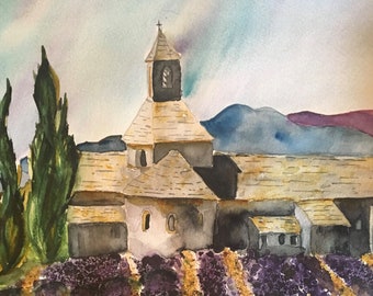 Lavender Fields Provence France. Fine Art Print of Watercolor Painting. Seneque Abbey