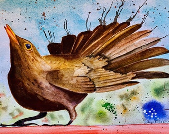 Happy Dance! Fine Art Print of Grackle Bird from my Original Watercolor Painting, Grackle Wall Art for Office. Birds Painting for Sale