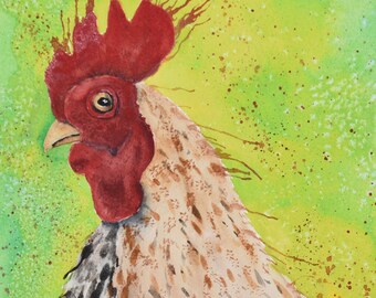 Original Painting of Farmhouse chicken art with chartreuse background . Rooster Art. Chartreuse Green and Red Wall Art.