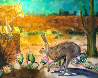 Southwestern Coyote and Jackrabbit Landscape Print from my Original Watercolor Painting. Southwestern, Southwest Decor, Bedroom Art