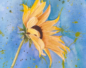 Yellow sunflower wall art, Original Watercolor Painting