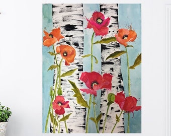 Aspen Tree with Poppy Flowers Print From My Original Painting. Living Room Decor. Office Decor. Poppies Watercolor Fine Art.