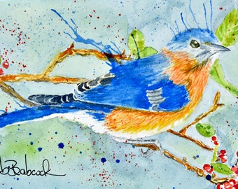 Eastern Bluebird Fine Art Print from Deb Babcock Watercolor Painting.