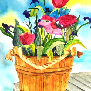 Poppies and Iris in Bucket: Fine Art Watercolor Print - Botanical Wall Decor for Home & Office