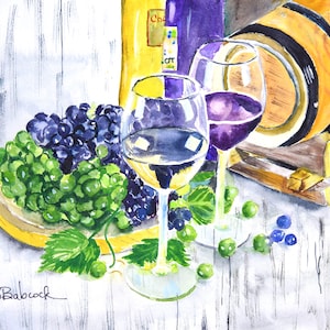 Wine and Grapes Painting, Art for Bar, Original Watercolor Painting of Red and White Wine