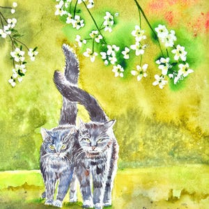 Gray Tabby Cats Watercolor Art Print: Feline Friends Portrait