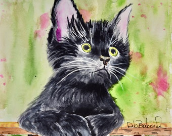 Black Cat Print from my Original Painting. Watercolor Kitty Cat Decor. Original Fine Art Painting.