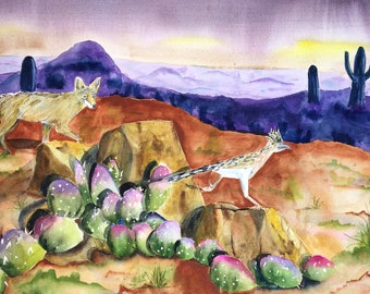 Southwest Landscape Print of  Roadrunner Bird and Coyote from my Original Watercolor Painting. Southwestern Desert  Cactus Decor.