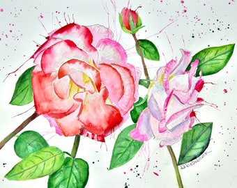Raspberry Ice Roses Original Watercolor Painting