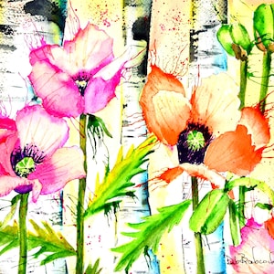 Vibrant Poppy and Aspen Watercolor Print: Limited Edition Colorado Landscape Wall Art for Home Decor