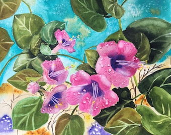 Four O'Clock Flowers Print from my Original Watercolor Painting. Floral Art for Office, Bedroom, Bathroom, Nursery