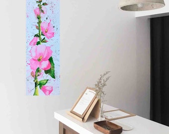 Print of Pink Hollyhock Flowers Original Painting. Watercolor Painting Cabin Decor. Office Decor. Bedroom Art