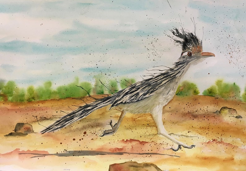 Print of Roadrunner from my Painting Original Watercolor, Desert Southwestern Decor, Southwest Art Bird Wall Art, Road runner bird image 1
