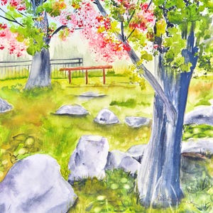 Serene Garden Watercolor: Original Landscape Painting with Trees and Rocks - Modern Wall Art