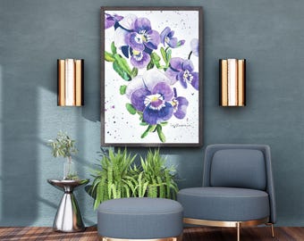 Purple Pansy Watercolor Painting, Original Botanical Flower Art, Violet Wildflower Wall Decor, Small Framed Art 9x13