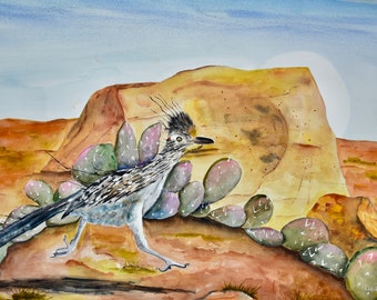 Roadrunner and Cactus Fine Art Print. Southwest Decor. Southwestern Decor, Desert Cactus Wall Art