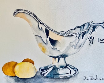Modern Fine Art Still Life with Sterling Silver Gravy Boat Lemon and Oranges. Kitchen Decor. ORIGINAL watercolor painting.