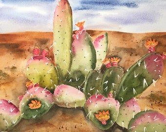 Prickly Pear Cactus Flowers Print. Southwestern Desert Landscape. Giclee from my Original Watercolor. Southwest Office Wall Art.