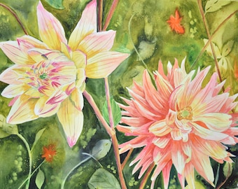 Original Watercolor Painting of Yellow and Orange Dahlia Flowers