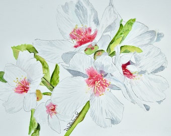 Original Watercolor Painting: Cherry Blossoms, Apple Blossoms, Almond Blossoms Symbol of Purity Hope and Love, Bravery and Courage