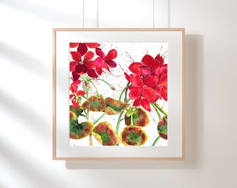 Red Geranium Watercolor Art Print - Botanical Wall Decor