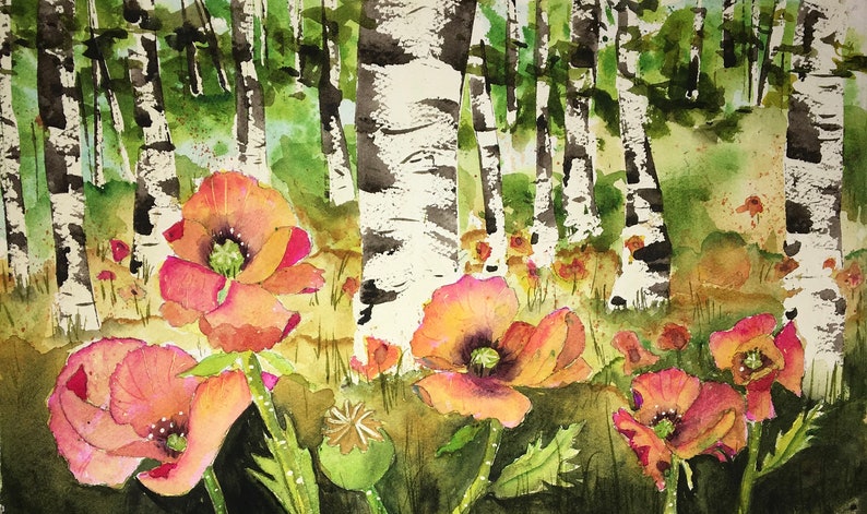 Fine Art print of Aspen Trees and Poppy Flowers image 2