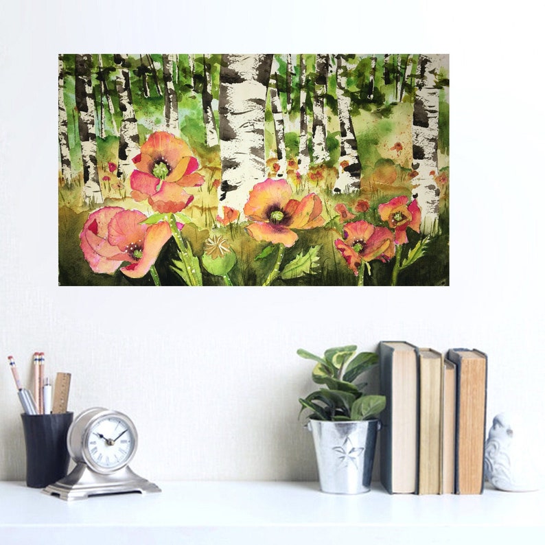 Fine Art print of Aspen Trees and Poppy Flowers image 1