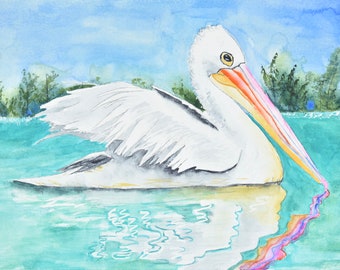 Pelican on a Lake Watercolor Painting