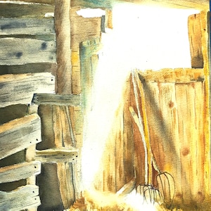Rustic Hay Barn Interior Fine Art Print: Vintage Farmhouse Landscape Wall Decor for Country Home. Quaint Old Farmstead Decor.