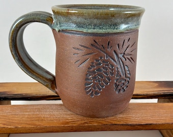 Pottery Pinecone Mug, 10 Ounce Ceramic Coffee Cup, Handmade Mug, Ready to Ship!