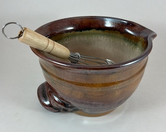Pottery Batter Bowl with Wire Whisk, Brown/Cream Colored Stoneware Mixing Bowl, Ready to Ship