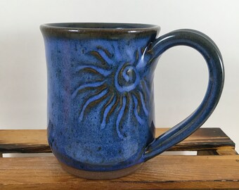 12 Ounce Blue Mug, Sun Carved Ceramic Mug, Stoneware Mug, Handmade Coffee Cup, Ready to Ship!