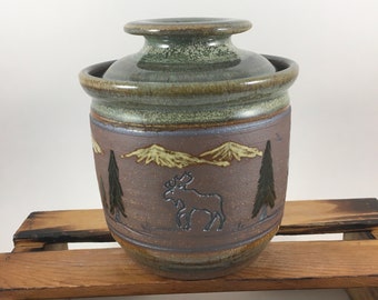 Pottery Butter Keeper with Moose and Bears, Handmade Butter Dish, Ready to Ship!