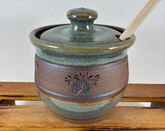 Pinecone Honey Jar with dipper,  Ready to ship!