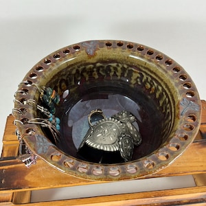 Pottery Jewelry Bowl, Multi Colored Earring Bowl, Dragonfly Jewelry Storage and Organization, Ready to Ship!