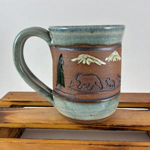 10 Ounce Landscape Mug, Stoneware Mug with Moose and Bear, Ready to Ship!