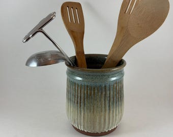 Pottery Utensil Jar, Carved Spoon Holder, In Stock and Ready to Ship