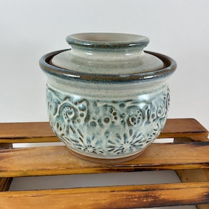 Handmade Stoneware French Butter Keeper, Cream and Blue Green Glaze