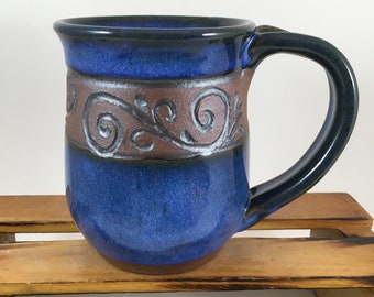 Blue Stoneware Mug, 14 Ounce Pottery Cup, Ready to Ship!