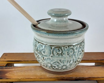 Honey Pot with Dipper, Pottery Honey Jar, Textured Jar, Ready to Ship!