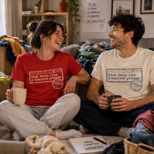Op de afbeelding: Een rood t-shirt en een wit t-shirt, beide voorzien van een rechthoekige stempelafbeelding met de tekst 'that feels like a tomorrow problem.' en een ronde stempel met het woord 'TOMORROW' in de rechterbenedenhoek van het ontwerp.